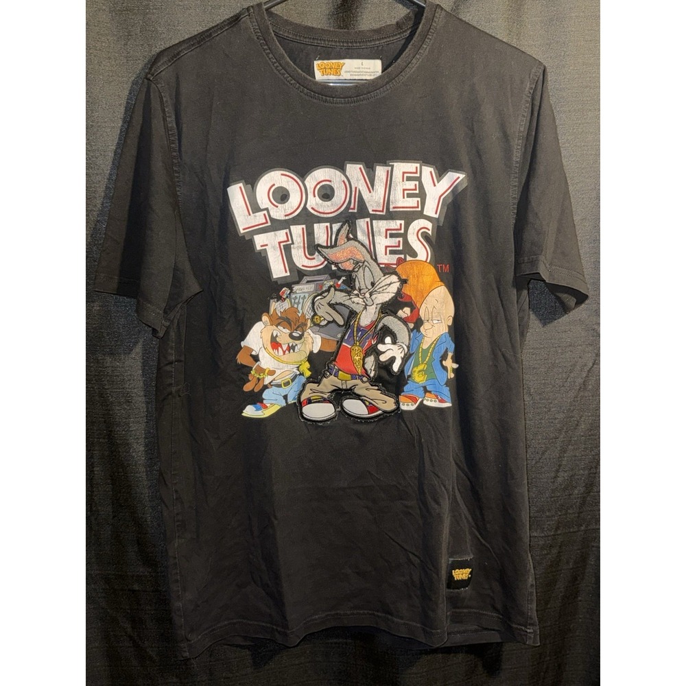 Vintage Looney Tunes Bugs Bunny Taz Elmer Fudd Graphic T-Shirt Black Size L